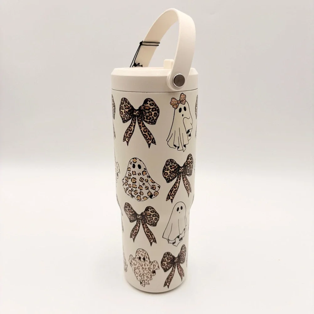 Hydrapeak 40oz Tumbler Leopard Print Ghost Bow Halloween Cream Stainless Steel